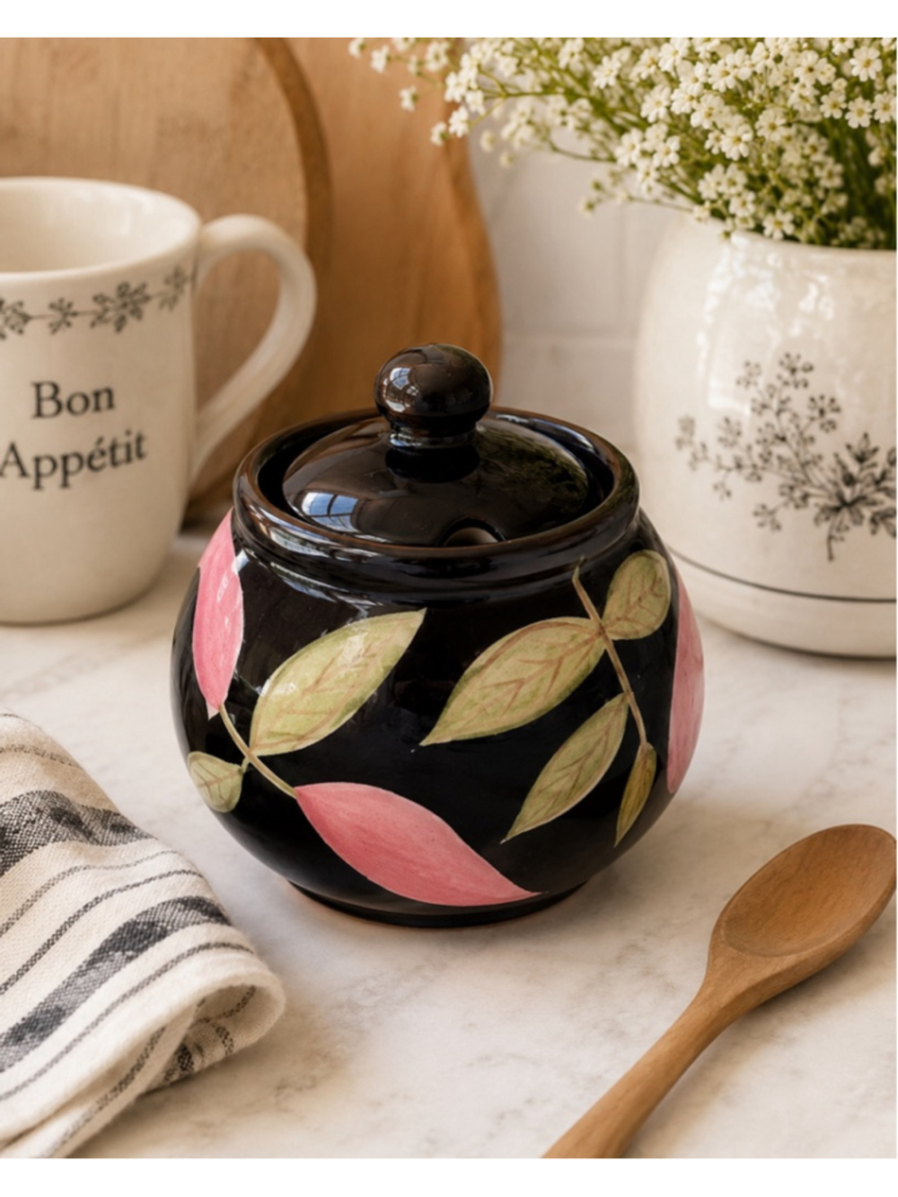 Laurie Gates Black Floral Ceramic Sugar Bowl / Lidded Canister